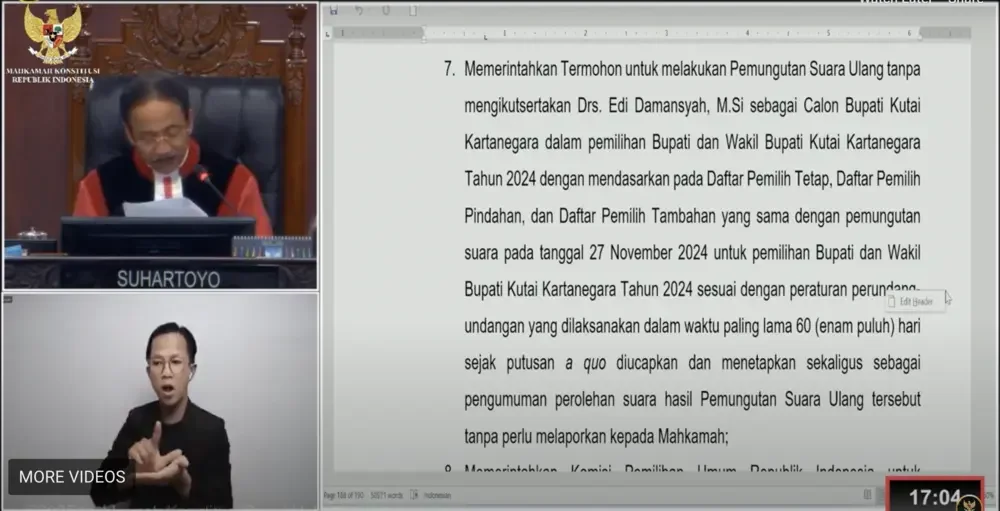 Breakingnews! Edi Damansyah Dinyatakan Sudah Menjabat 2 Periode, MK Perintahkan PSU di Kukar